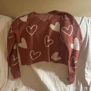 SO Women's V-Neck Sweater - Rust and White Hearts